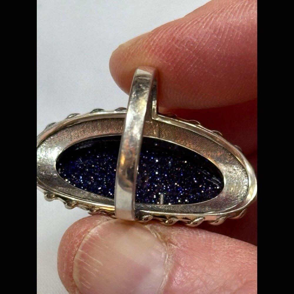 90s OOAK Oval Blue Goldstone Sterling Silver Ring Boho Grunge Good Luck 8 - Picture 3 of 7